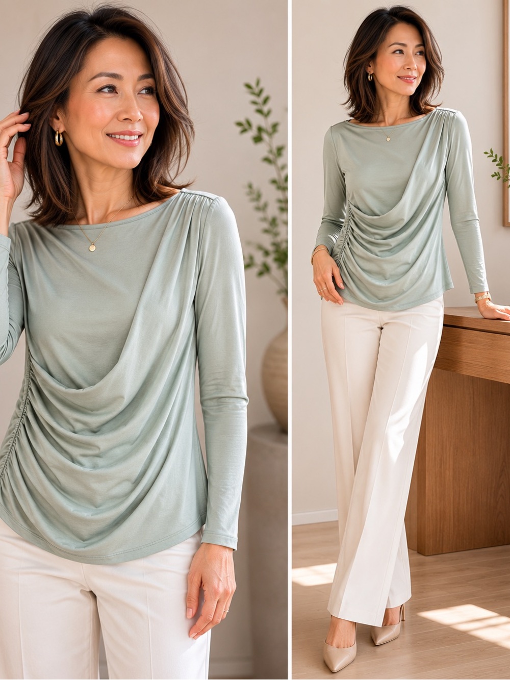 Elodie Green Asymmetrical Ruched Blouse